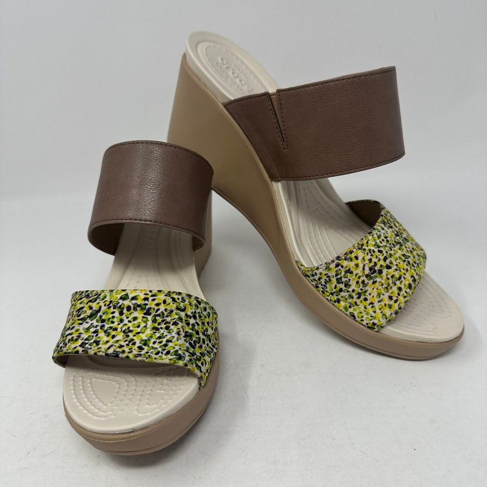 Crocs Wedge Sandals Women 11 Brown Yellow Leigh II Leopard Print Strappy 202518